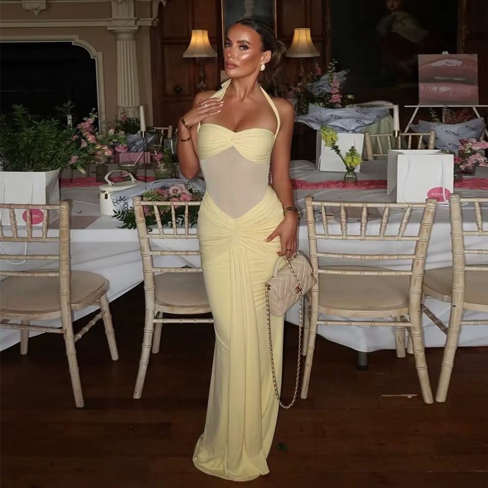 Syrene Halter Ruched Bodycon Maxi Dress – Sculpting Evening Gown for Weddings, Events & Parties