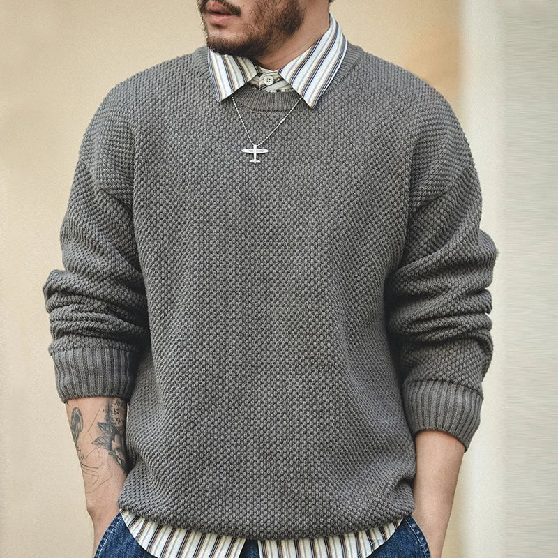 Caldrin Men’s Textured Crew Neck Jumper – Heavy Knit Pullover Sweater for Smart Casual Wear