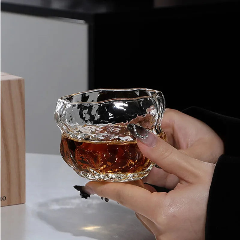 Hikari Sculpted Whisky Glass – Japanese Hand-Blown Irregular Crystal Tumbler with Wooden Gift Box | Single or 2-Piece Set