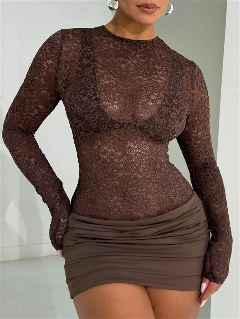 Rosalyn Lace Ruched Mini Dress – Brown Sheer Long Sleeve Partywear & Evening Dress