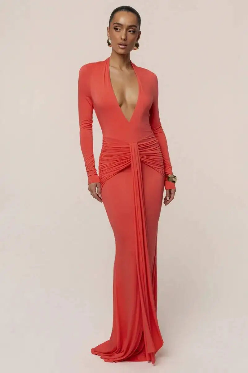 Virelia Plunge Neck Maxi Dress – Ruched Open Back Occasion Dress