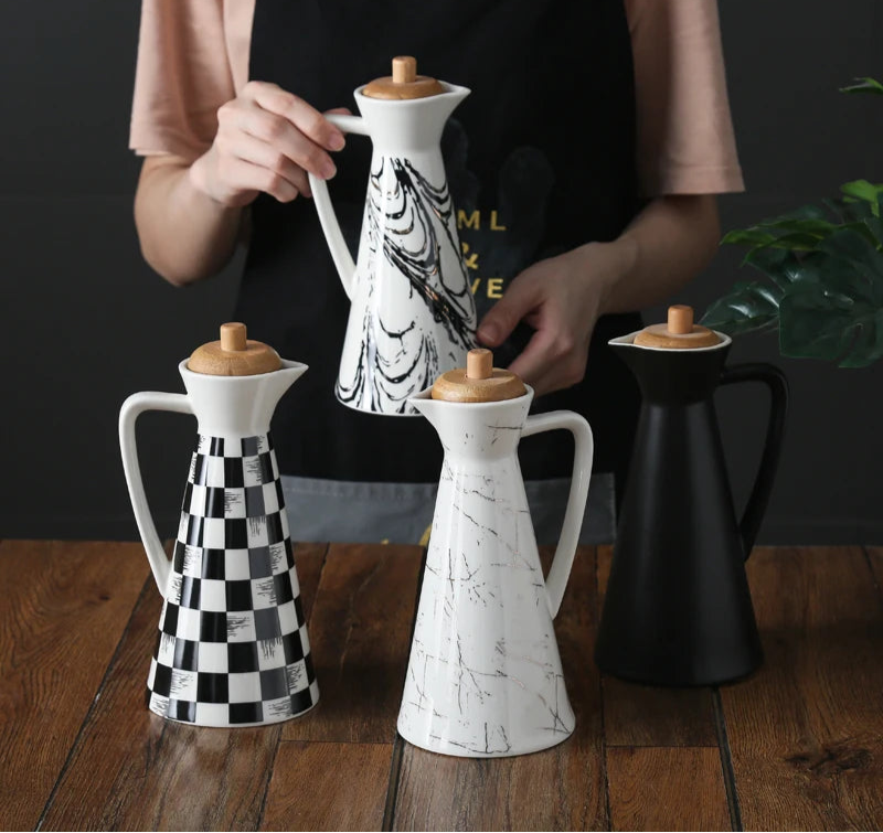 Ceramic Oil and Vinegar Dispenser Bottle with Wooden Lid – Modern Drizzle Jug for Olive Oil & Dressing