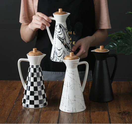 Ceramic Oil and Vinegar Dispenser Bottle with Wooden Lid – Modern Drizzle Jug for Olive Oil & Dressing