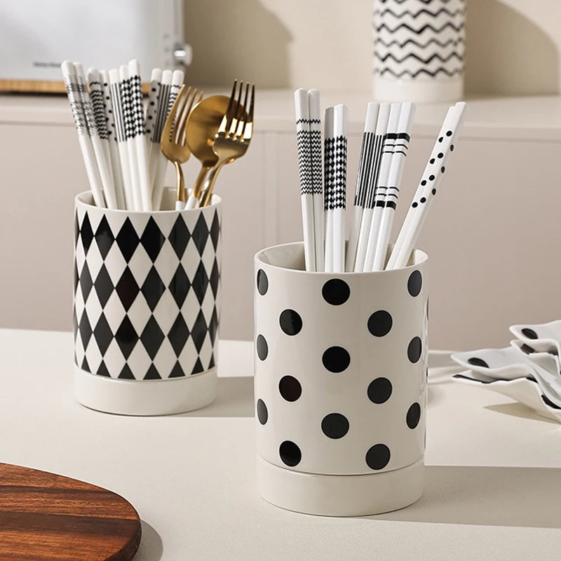 Kitchen Utensil Holder – Ceramic Cutlery Caddy, Utensil Crock, Chopstick Holder and Kitchen Countertop Organiser with Drip Base, Geometric Designs