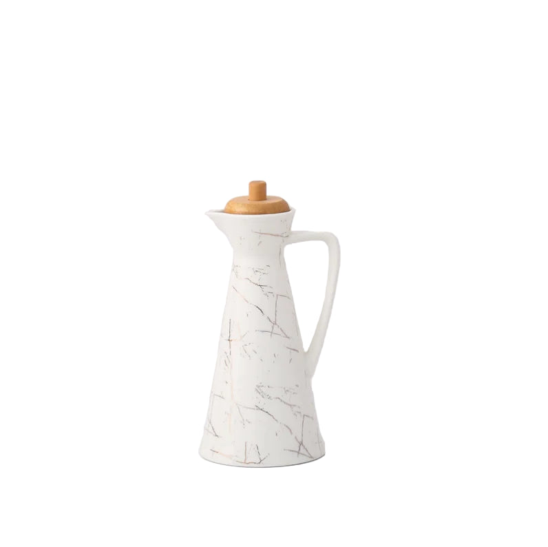 Ceramic Oil and Vinegar Dispenser Bottle with Wooden Lid – Modern Drizzle Jug for Olive Oil & Dressing