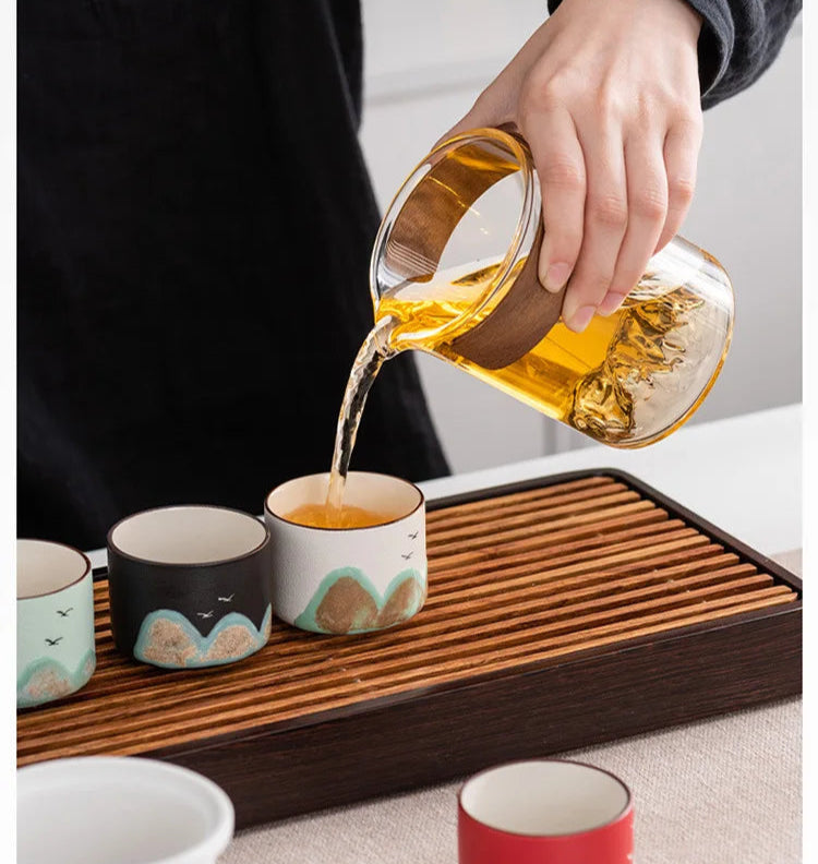 Hand-Painted Mountain Ceramic Tea Set with Tea Holder – 6-Piece Teapot & Four Cups Gift Box
