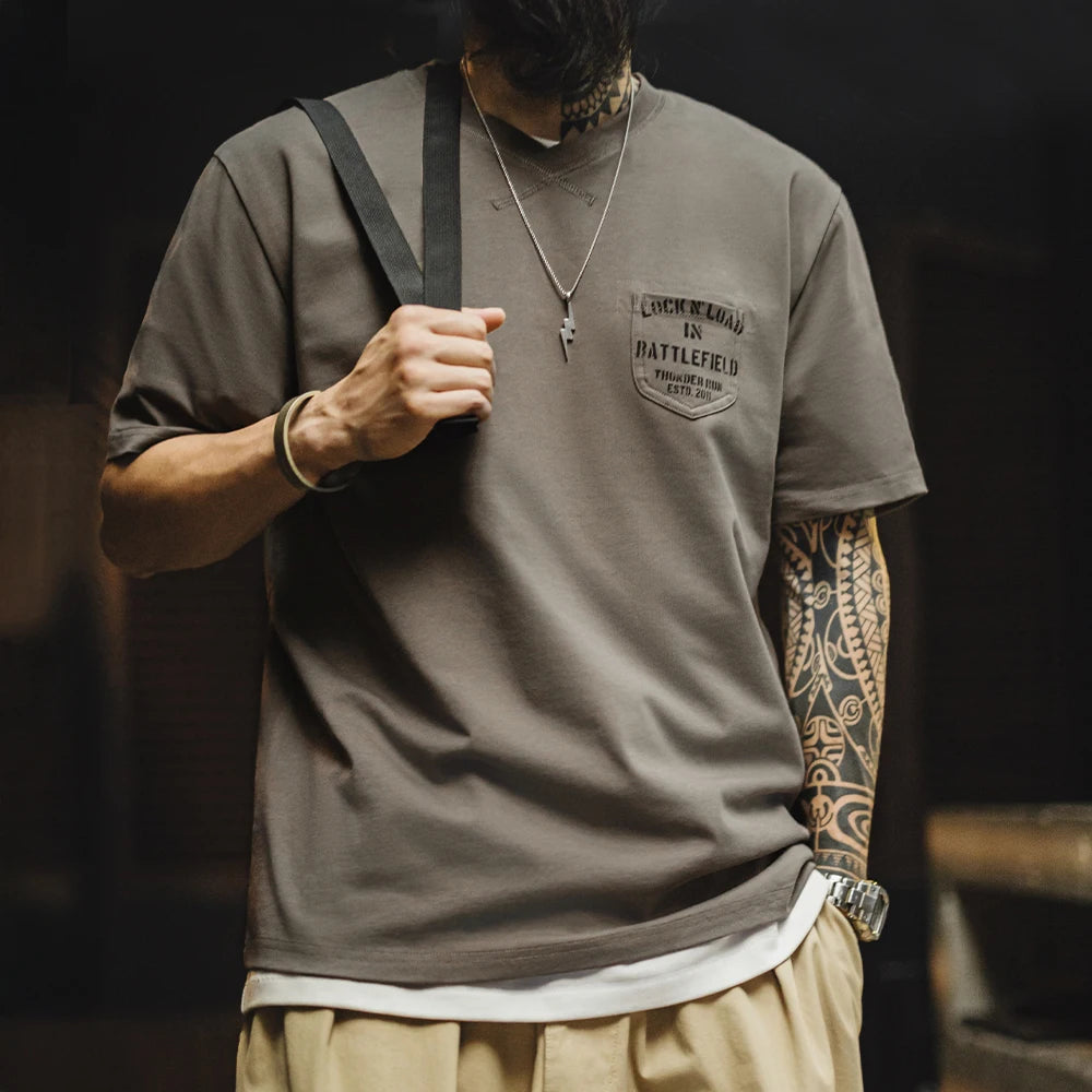 Carston Men’s Cotton V-Neck T-Shirt – Chest Pocket Detail Casual Short Sleeve Tee in Taupe Brown