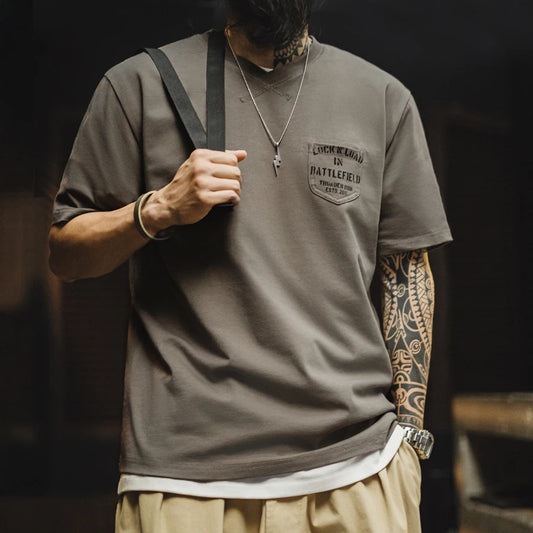 Carston Men’s Cotton V-Neck T-Shirt – Chest Pocket Detail Casual Short Sleeve Tee in Taupe Brown