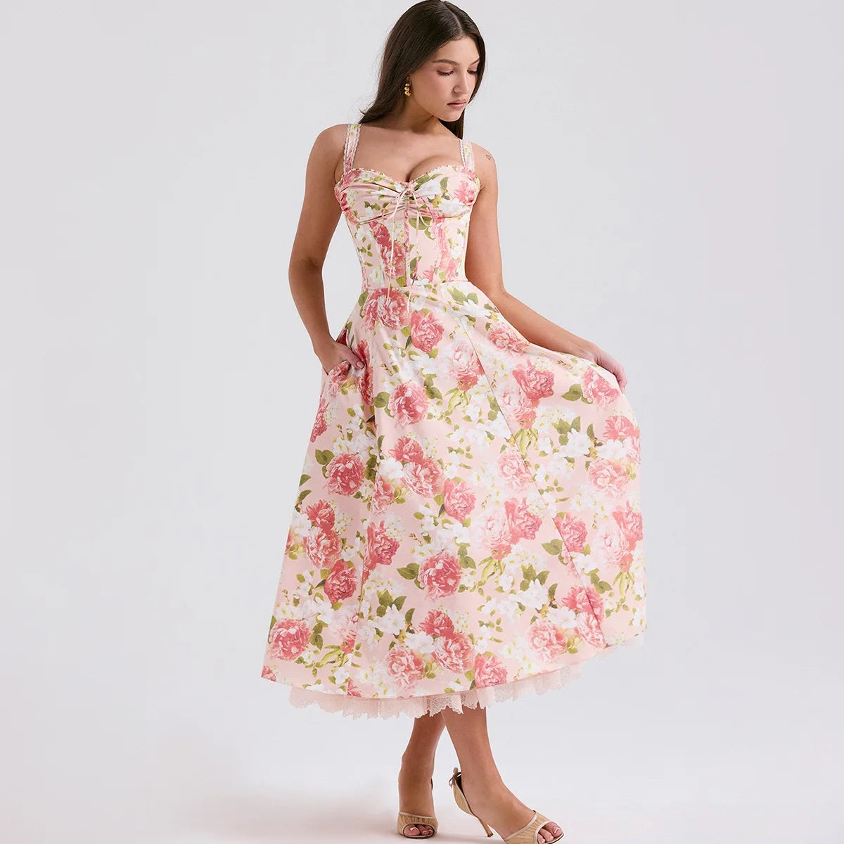 Roselisse Rose Print Corset Midi Dress with Wide Straps – Floral A-Line Summer Dress, Wedding Guest & Occasion Dress