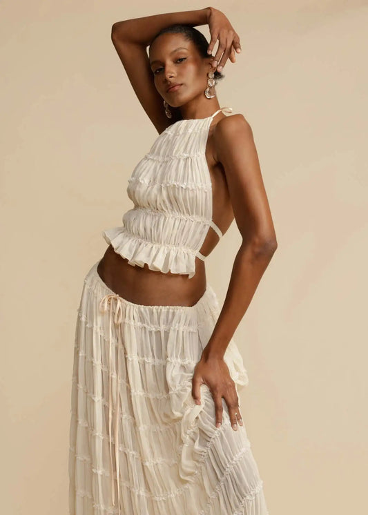 Averra Ruched Backless Co-Ord Set – Cream Halter Top and Maxi Skirt Two Piece Summer Holiday Outfit
