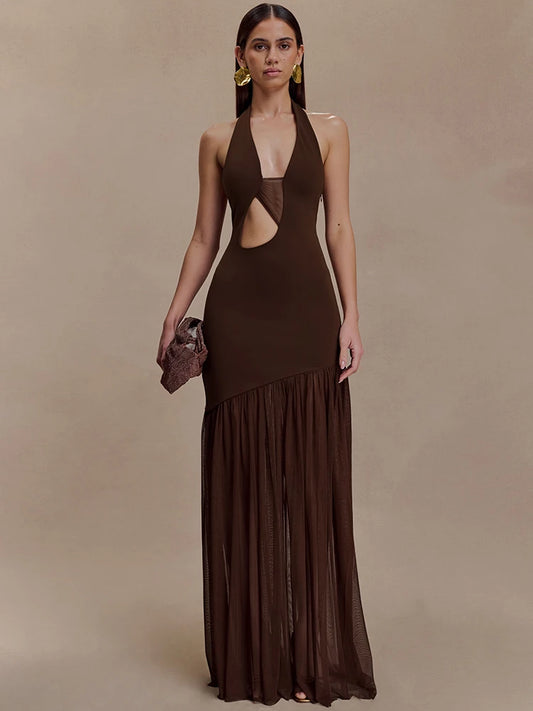 Maelisse Cut Out Halter Neck Maxi Dress – Elegant Evening Gown with Sheer Asymmetric Skirt
