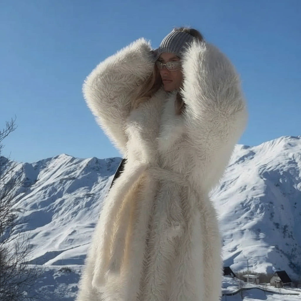 Avalora Longline Plush Faux Fur Coat – Women’s Luxury White Faux Mink Statement Winter Coat for Daywear, Evening & Occasion Looks