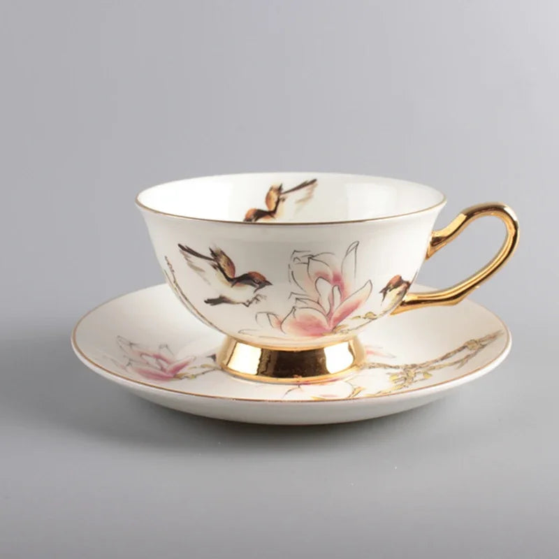 Botanical Bird Cup and Saucer Set – Hand Painted Ceramic Tea Set