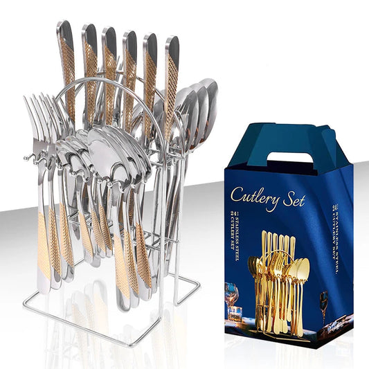 24-Piece Stainless Steel Cutlery Set with Stand – Gold & Silver Knife, Fork, Spoon Flatware Set for Dining