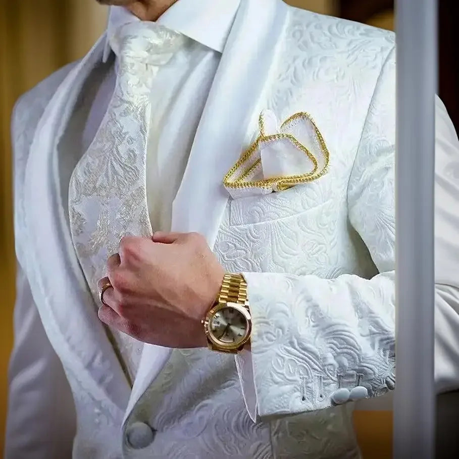 Braxford Men’s White Jacquard Shawl Lapel Blazer – Slim Fit Wedding Evening Tuxedo Jacket