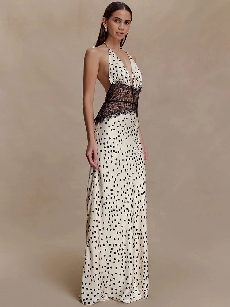 Valesia Halter Neck Polka Dot Maxi Dress with Lace Waist – Deep Plunge Evening Gown