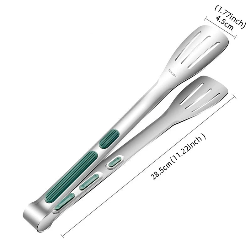 Stainless Steel BBQ Tongs With Green Wide Grip Handle – Non-Slip Kitchen & Grill Food Turner Clip