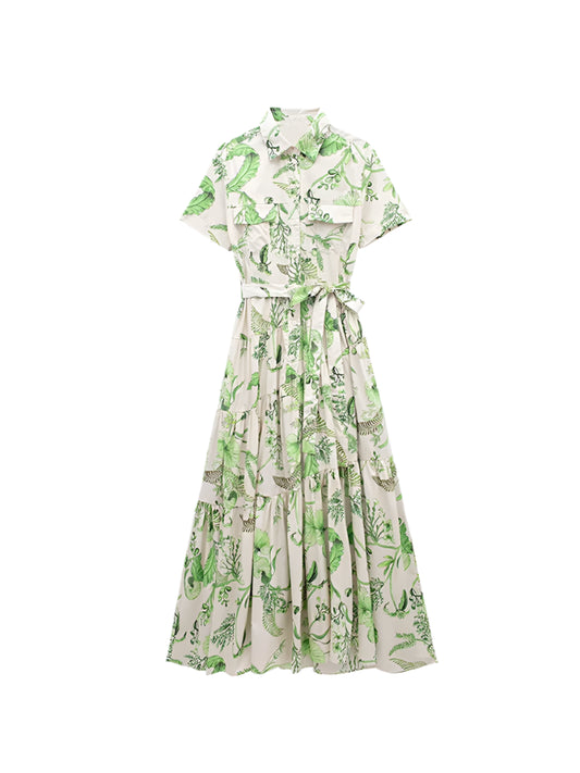 Botanique Belted Shirt Dress – Short Sleeve Button-Down Tiered Maxi with Leaf Print