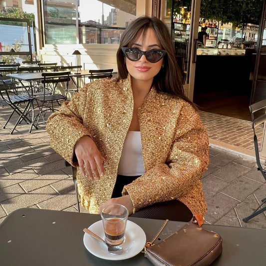 Averelle Sequin Bomber Jacket – Gold, Black & White Glitter Oversized Coat for Women