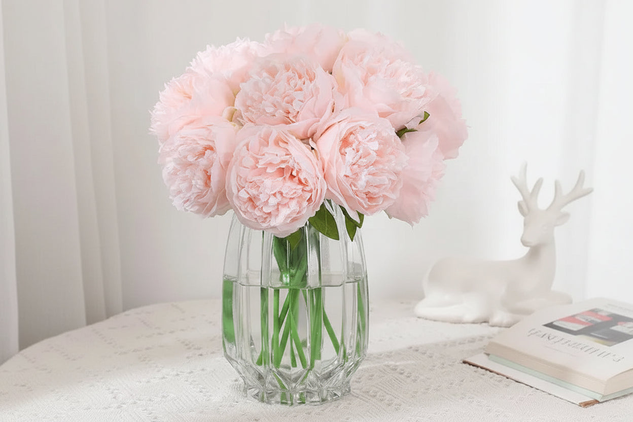 Peonia Bloom Bouquet – Silk Faux Peony Flower Arrangement with 5 Heads for Vase Styling, Wedding Flowers and Home Décor