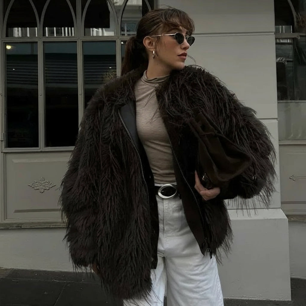 Maevra Oversized Mongolian-Style Faux Fur Jacket – Mocha Fluffy Faux Fur Coat for Women
