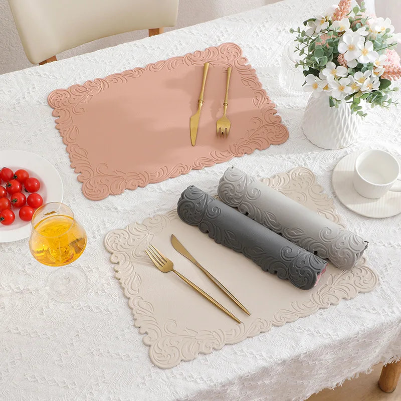 Verra Faux Leather Table Mats – Decorative Edge Non Slip Washable Dining Table Mats Set