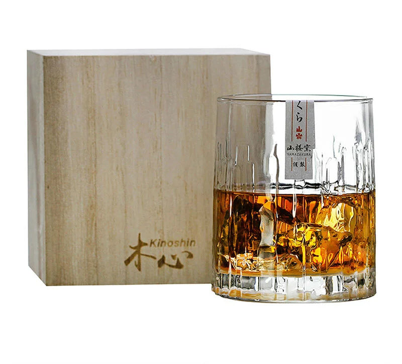 Kinoshin Bark Whisky Glass – Japanese Hammered Crystal Tumbler with Wooden Gift Box (275ml)