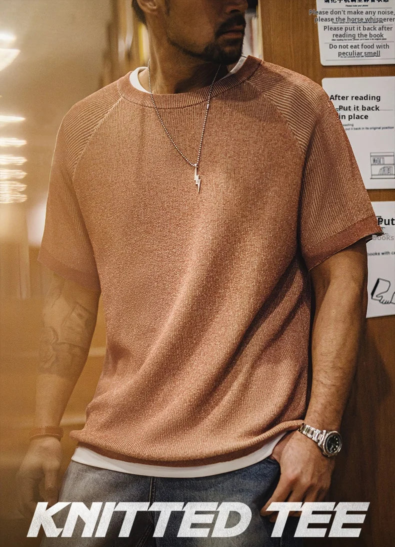 Men's Relaxed Fit Ribbed Knit Short Sleeve T-Shirt – Crew Neck Textured Mens Top for Casual Streetwear & Smart Layering