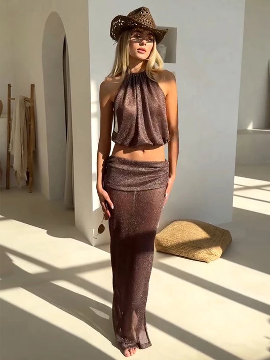 Solana Metallic Knit Two Piece Co-Ord Set – Sheer Halterneck Crop Top & Maxi Skirt Holiday Beach Outfit