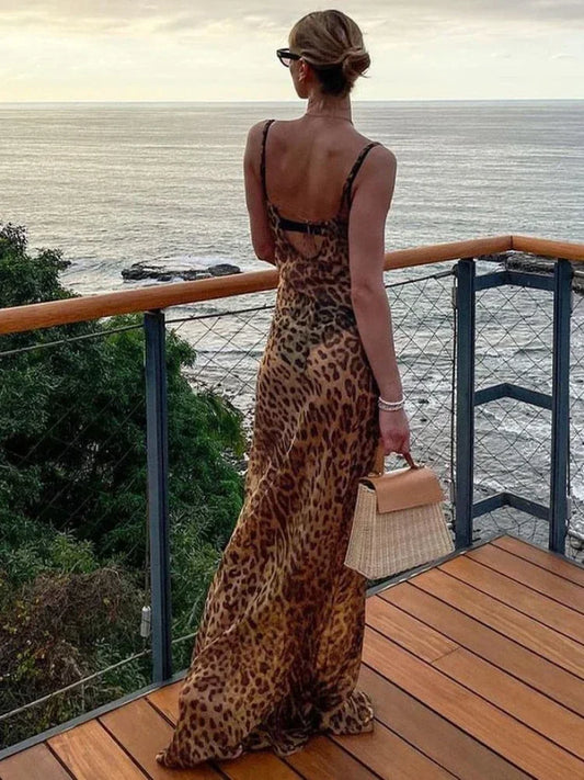 Savara Leopard Print Cowl Neck Maxi Dress – Backless Spaghetti Strap Bodycon Gown