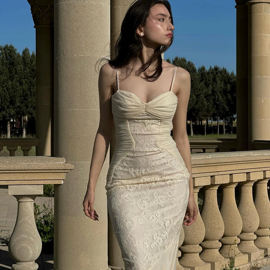 Isavina Lace Corset Maxi Dress – Spaghetti Strap Ruched Bodycon Evening Gown for Partywear & Wedding Guests