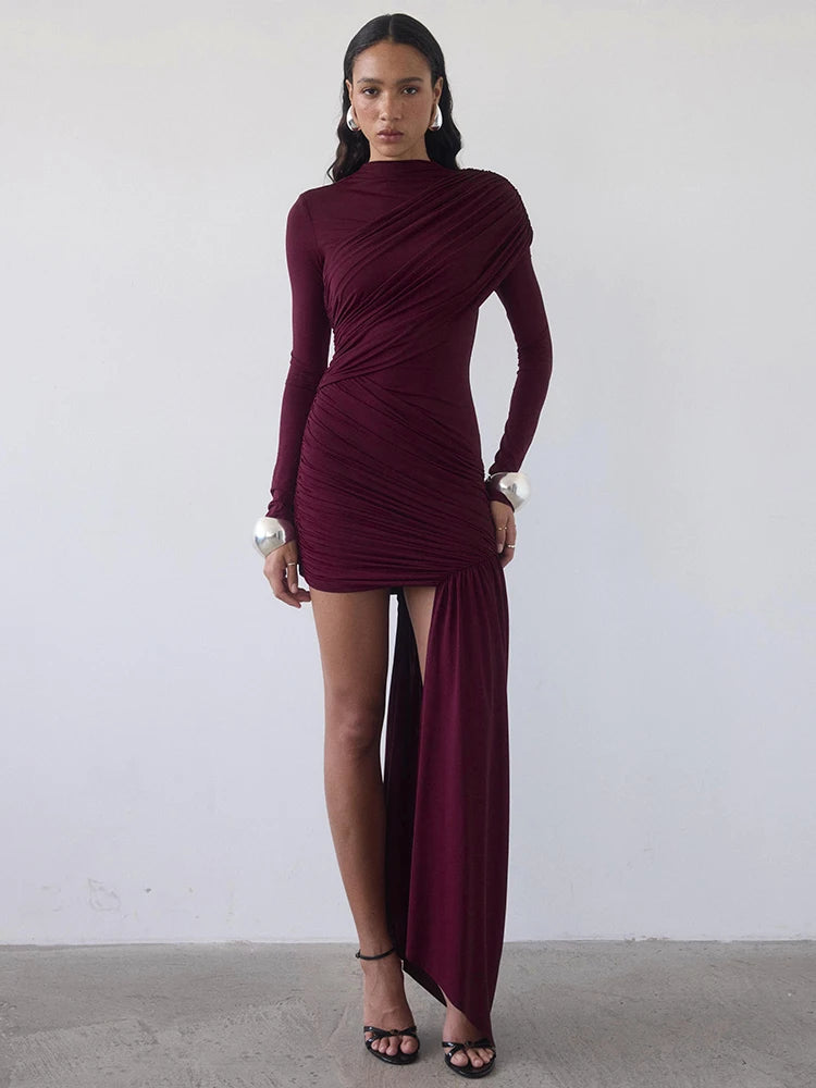 Zenyra Ruched Long Sleeve Mini Dress with Draped Asymmetric Skirt – One Shoulder Bodycon Partywear