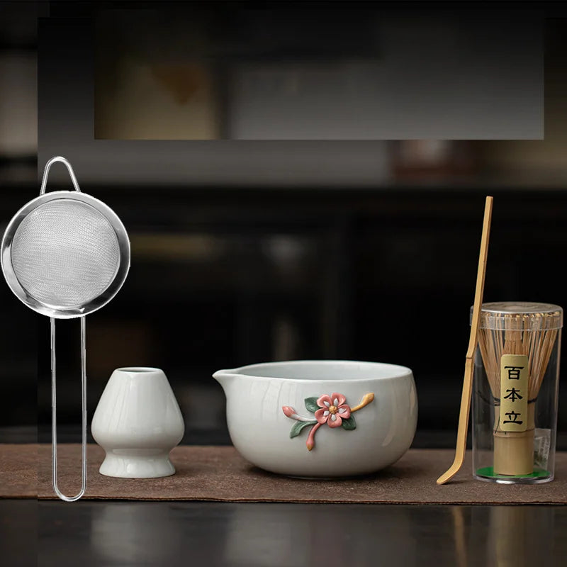 Blossom & Flecked Glaze Matcha Whisk Gift Set – Japanese Matcha Tea Set with Bamboo Whisk, Bowl & Accessories