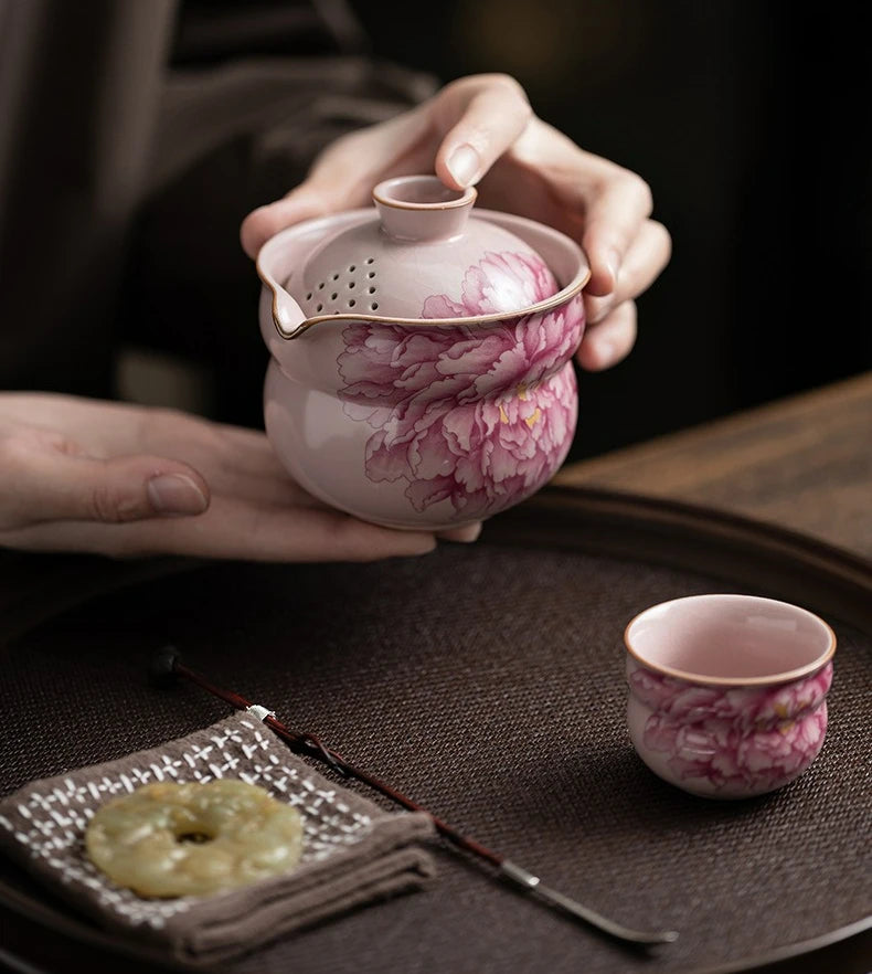 Peony Bloom Handmade Tea Set – Portable Ceramic Travel Tea Set with Teapot and Cups, Floral Tea Set Gift with Case