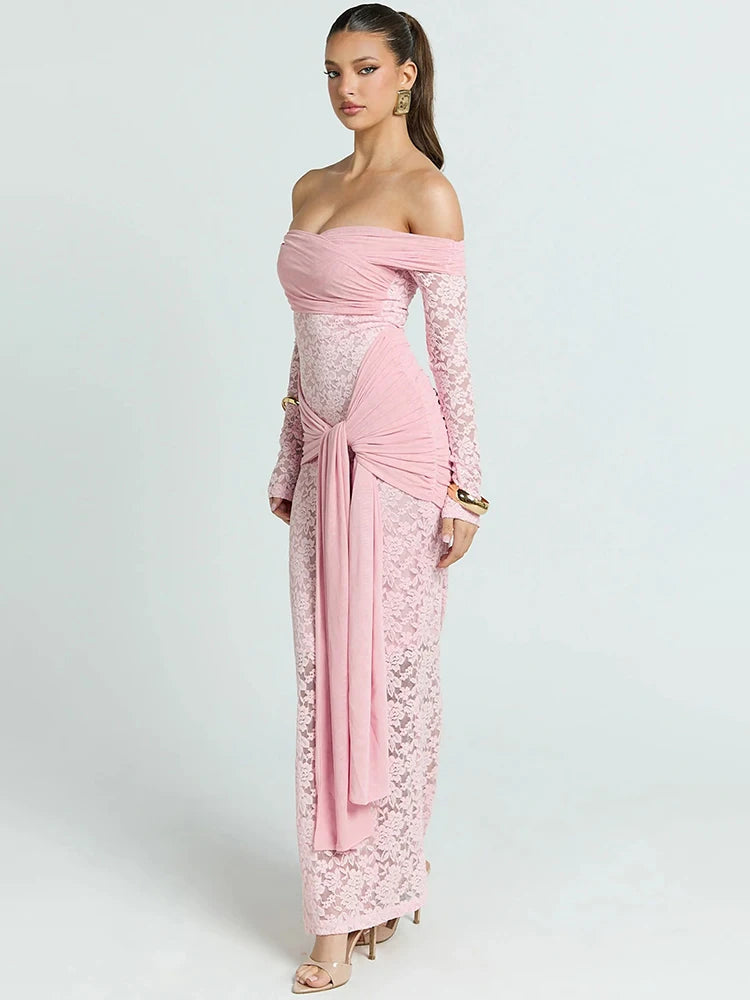 Amelisse Off-Shoulder Lace Draped Maxi Dress – Long Sleeve Formal Evening Dress,Wedding Guest Gown