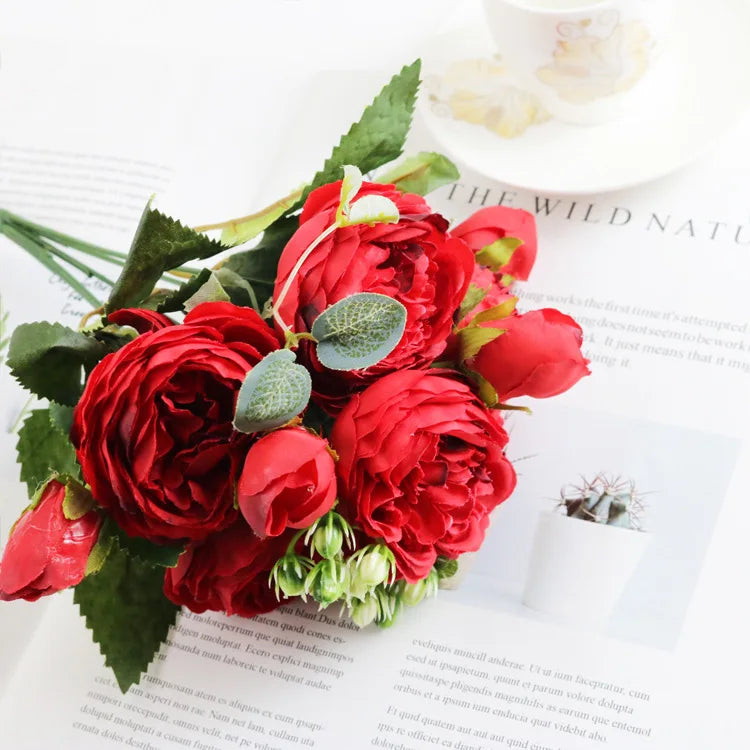 Peonelle Silk Peony Flower Bundle – 5 Head Faux Peony Stem with Buds Decorative Floral Arrangement