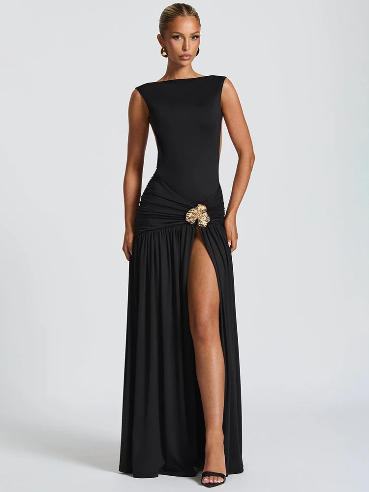 Larena Sleeveless Backless Maxi Dress – Ruched Evening Gown with Brooch Detail for Partywear & Formal Events