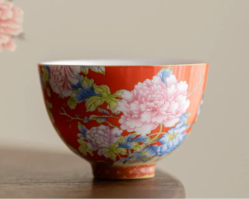 Kiyorae Floral Ceramic Tea Cup – Hand Painted Peony Matcha Bowl Small Tea Cup for Matcha, Herbal Tea & Espresso