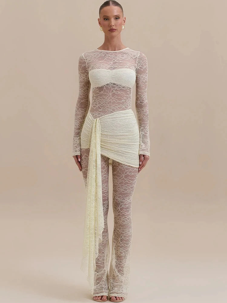 Vionara Lace Sheer Jumpsuit with Draped Wrap Detail – Long Sleeve Mesh Eveningwear for Party & Occasion Outfits