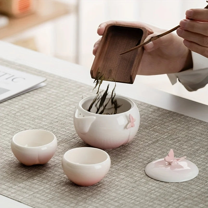 Butterfly Ceramic Travel Tea Set with Carry Case – Portable Teapot & Cups Gift Set for Home, Office and Outdoor Tea Lovers