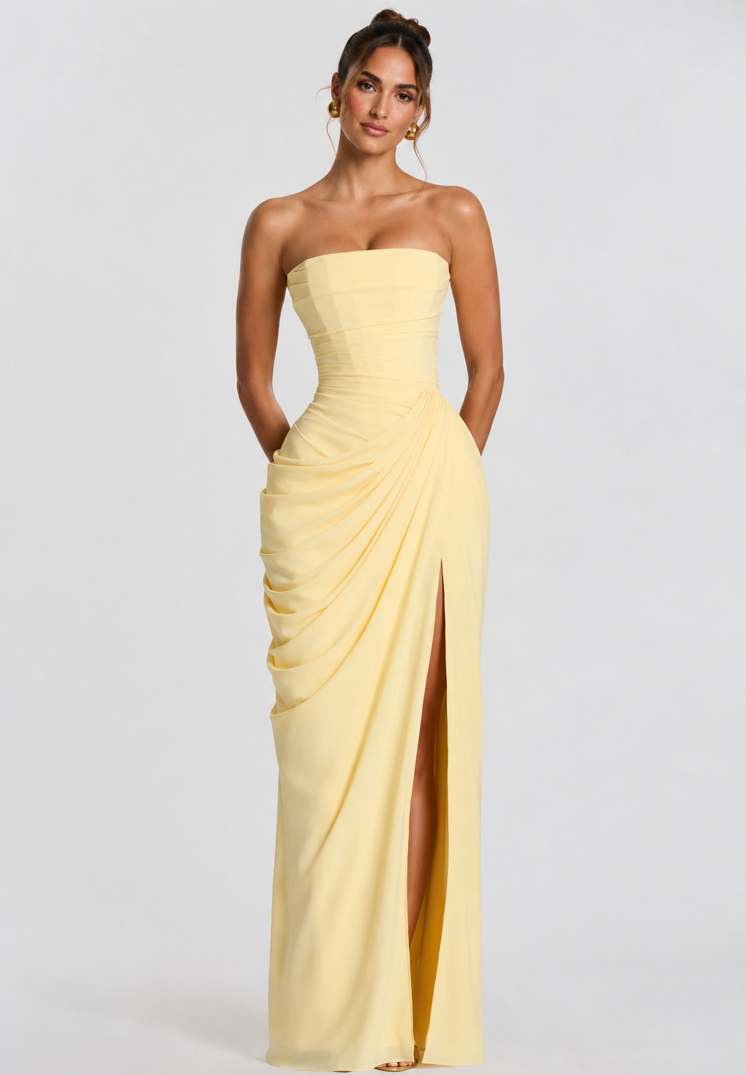 Solenne Strapless Yellow Maxi Dress – Ruched High Split Occasion Dress