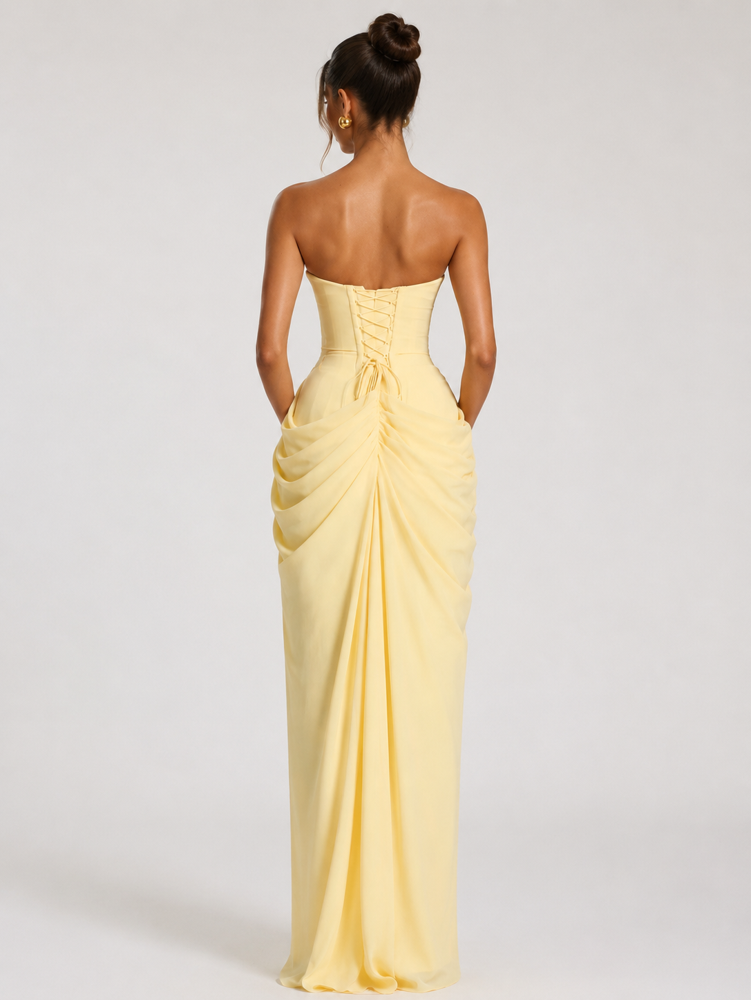 Solenne Strapless Yellow Maxi Dress – Ruched High Split Occasion Dress