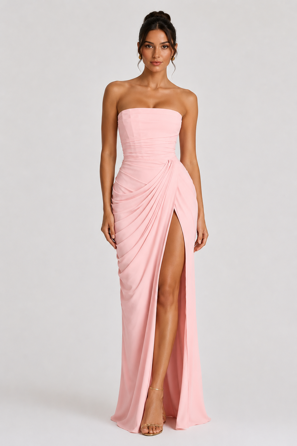 Solenne Strapless Yellow Maxi Dress – Ruched High Split Occasion Dress