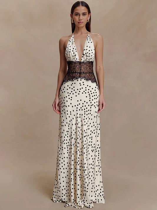 Valesia Halter Neck Polka Dot Maxi Dress with Lace Waist – Deep Plunge Evening Gown
