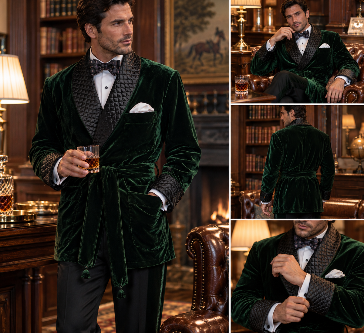 Kingswell Velvet Smoking Jacket – Men’s Quilted Lapel Evening Dinner Jacket with Waist Tie and Chest Pocket Square
