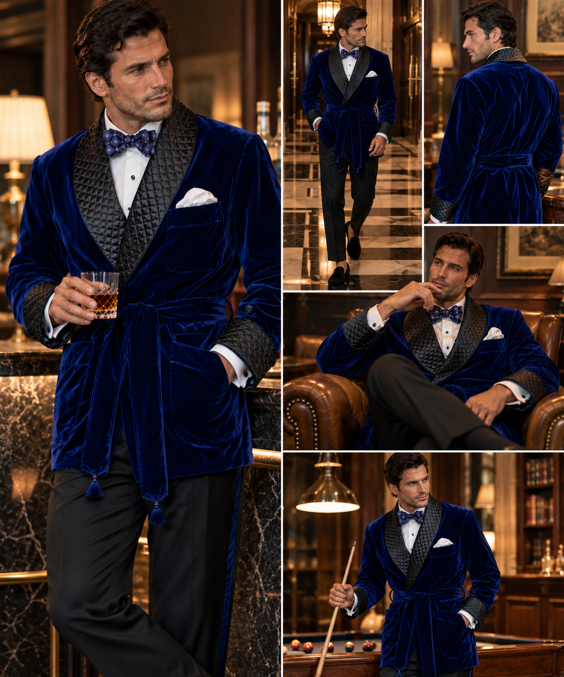Kingswell Velvet Smoking Jacket – Men’s Quilted Lapel Evening Dinner Jacket with Waist Tie and Chest Pocket Square