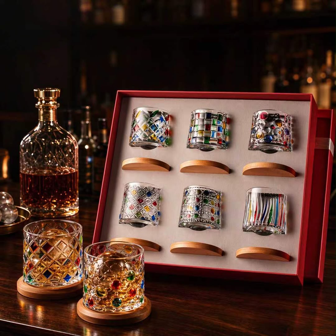 Vetrina Whisky Glass Tumbler Set with Rotating Wooden Bases
