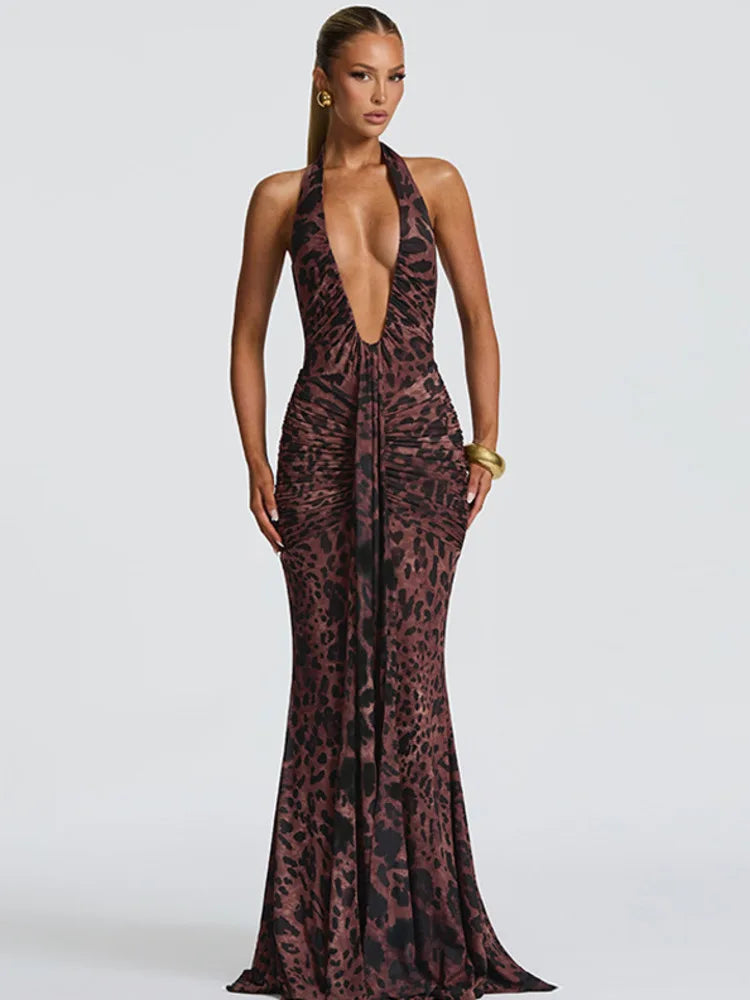 Zayara Halter Leopard Print Maxi Dress – Plunge Ruched Bodycon Evening Dress for Women’s Partywear & Formal Events