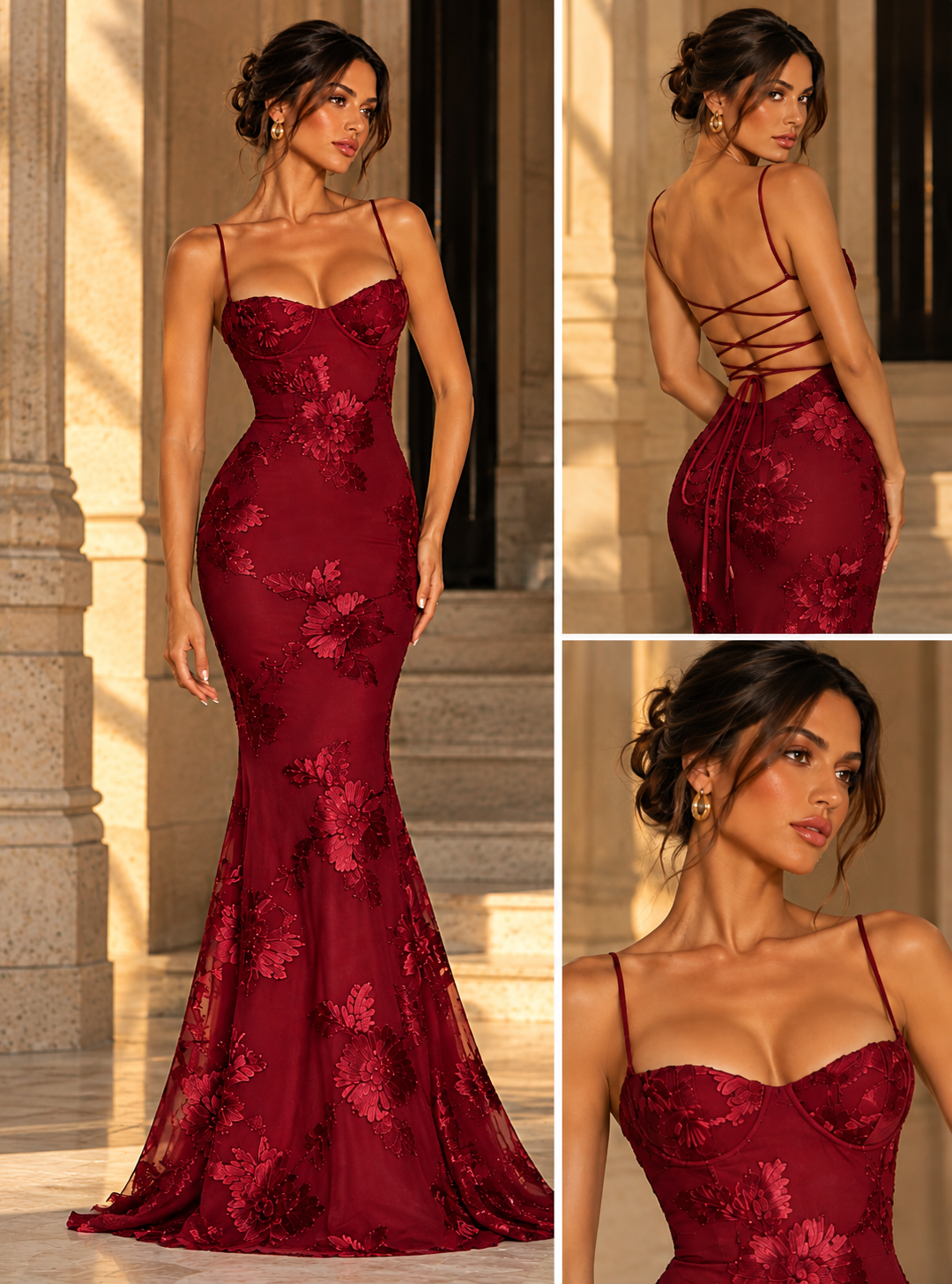 Zirelle Appliqué Lace-Up Maxi Dress – Sculpted Backless Bodycon Evening Gown for Formal Events & Wedding Guests