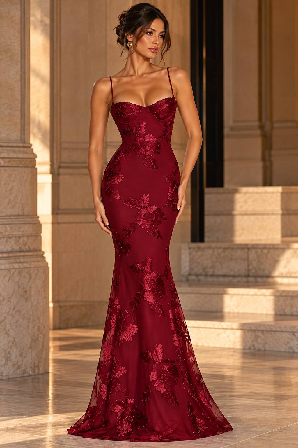 Zirelle Appliqué Lace-Up Maxi Dress – Sculpted Backless Bodycon Evening Gown for Formal Events & Wedding Guests